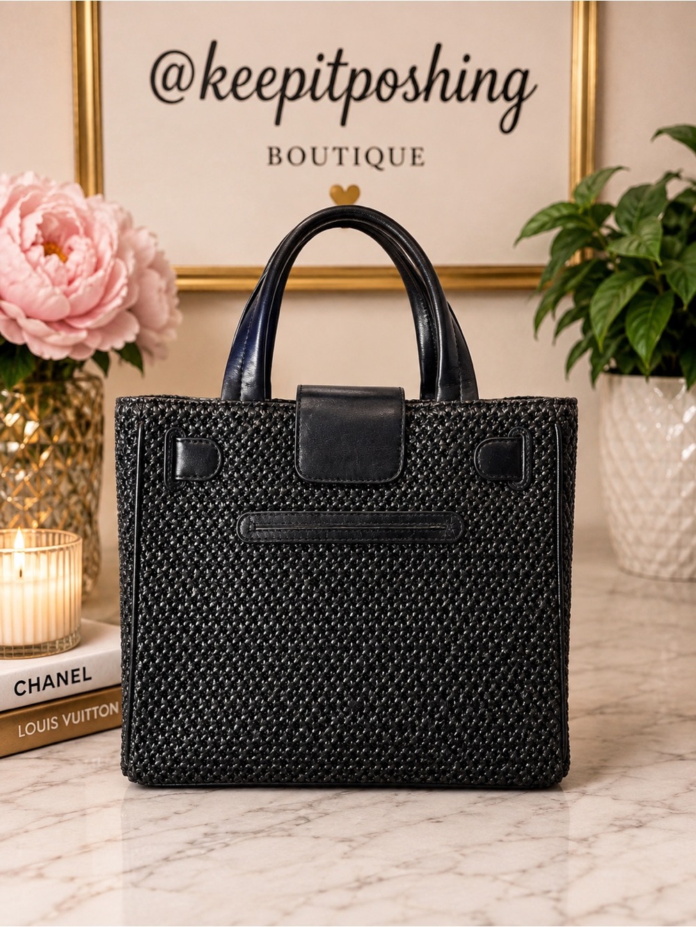 My Flat In London by Brighton Black Woven Satchel with Gold Emblem - Picture 2 of 7